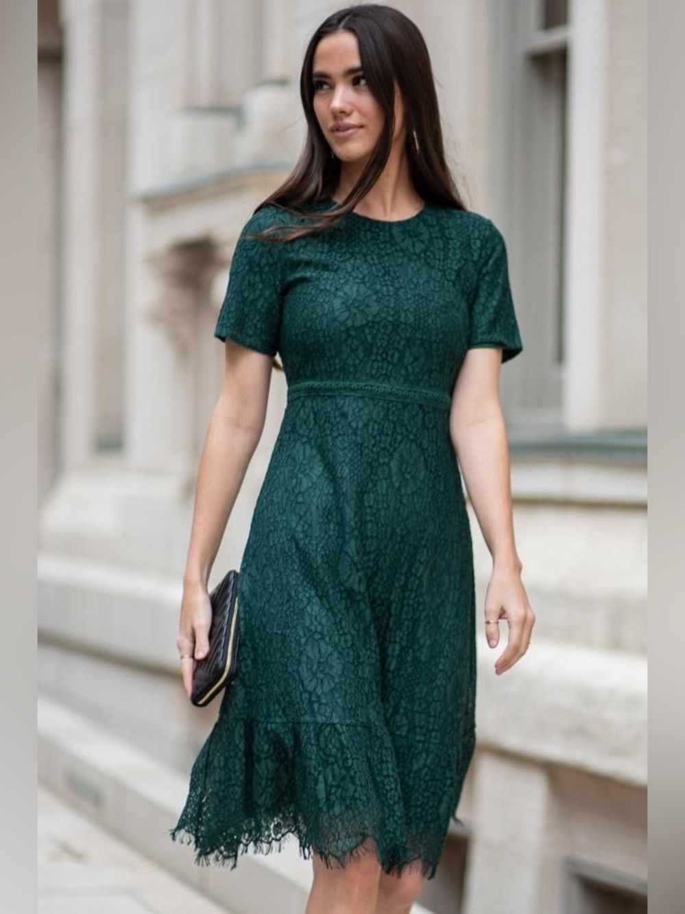 Bohme Short Sleeve Emerald Lace Midi Cocktail Sheath Formal Dress Size Small